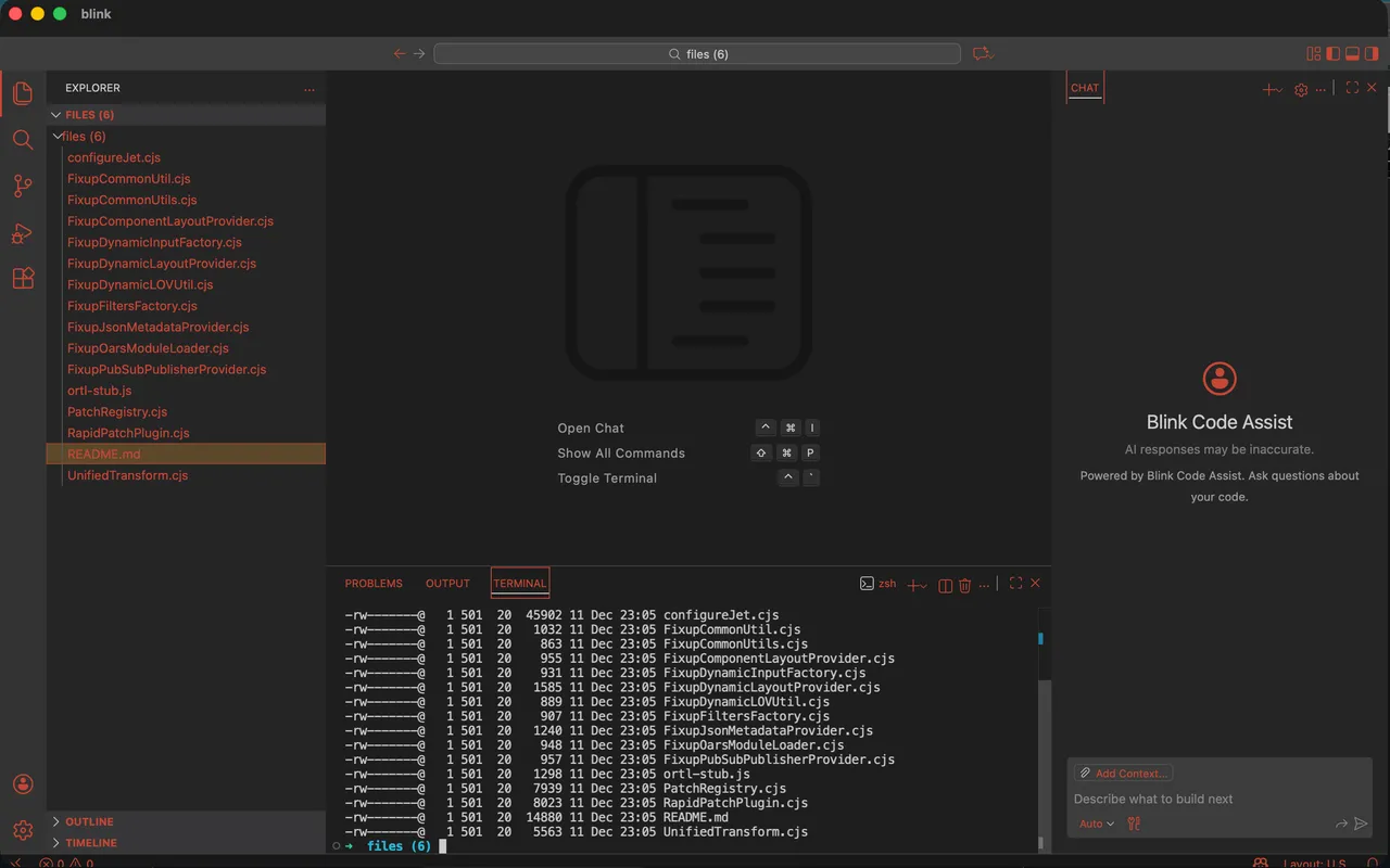 Blink IDE showing file explorer, code editor, integrated terminal, and an AI chat panel
