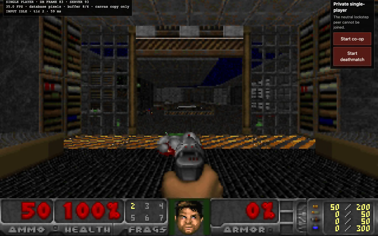Doom gameplay rendered in a browser canvas, with frames generated inside Oracle Autonomous Database