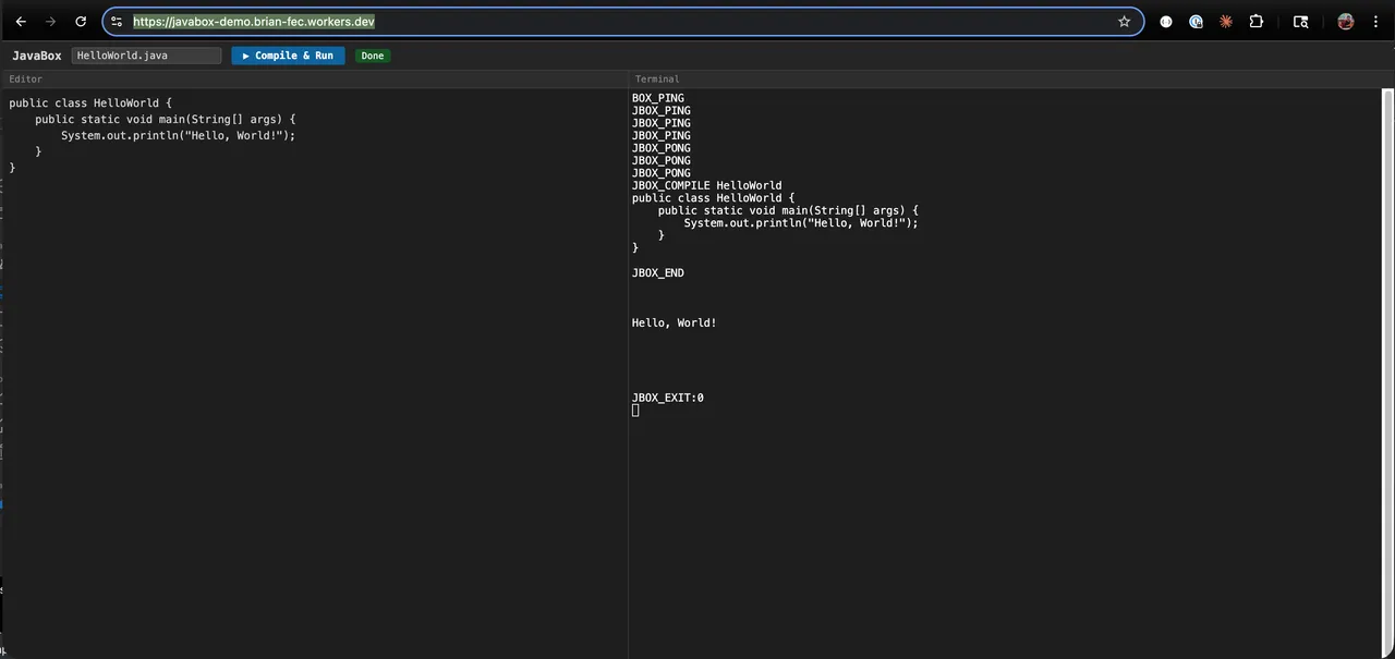 JavaBox editor with Java source on the left and program output in a terminal pane on the right